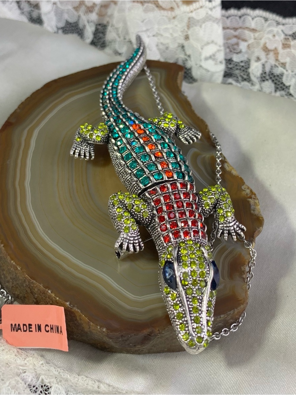 Multicolor Jeweled Alligator Reptile Ornament Necklace - Necklace/Brooch